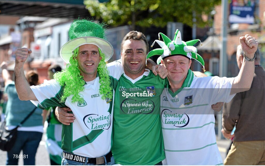 18 August 2013; Limerick supporters, from left, Charlie Malone, Leonard Blake and Ger O'Neill, from Limerick city, at the game. GAA Hurling All-Ireland Senior Championship, Semi-Final, Limerick v Clare, Croke Park, Dublin. Picture credit: Brendan Moran / SPORTSFILE