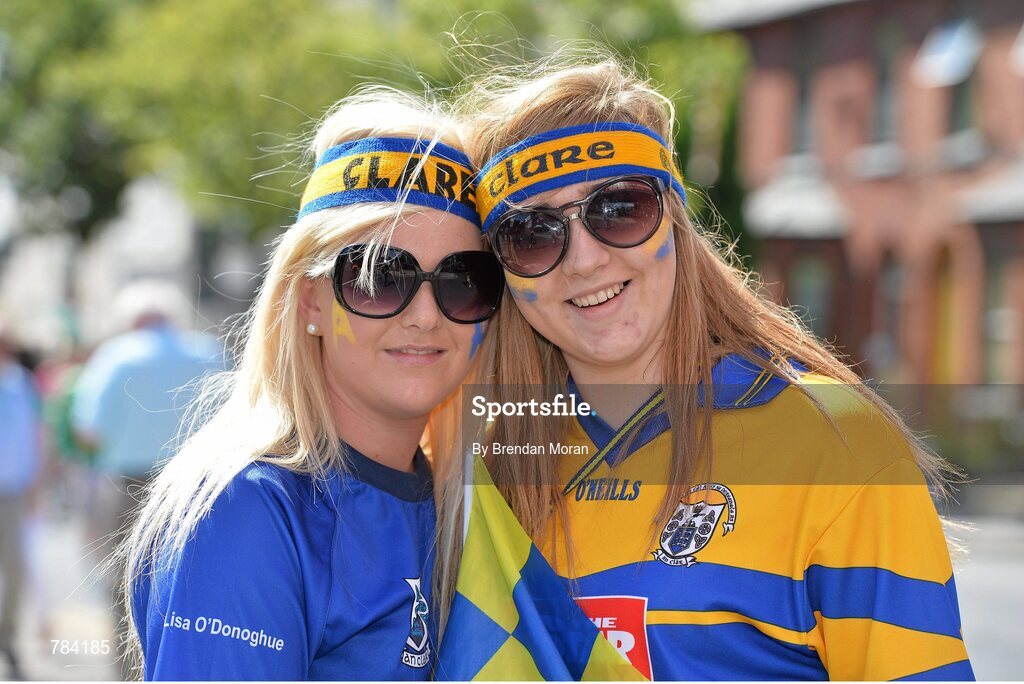 18 August 2013; Clare supporters Lisa Donoghue, left, from Whitegate, Co. Clare and Amy McArthur, from Killanena, Co. Clare, at the game. GAA Hurling All-Ireland Senior Championship, Semi-Final, Limerick v Clare, Croke Park, Dublin. Picture credit: Brendan Moran / SPORTSFILE