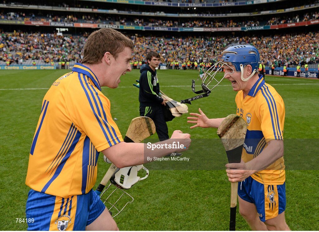 18 August 2013; Clare's Tony Kelly, left, and Pádraic Collins celebrate their side's victory. GAA Hurling All-Ireland Senior Championship, Semi-Final, Limerick v Clare, Croke Park, Dublin. Picture credit: Stephen McCarthy / SPORTSFILE