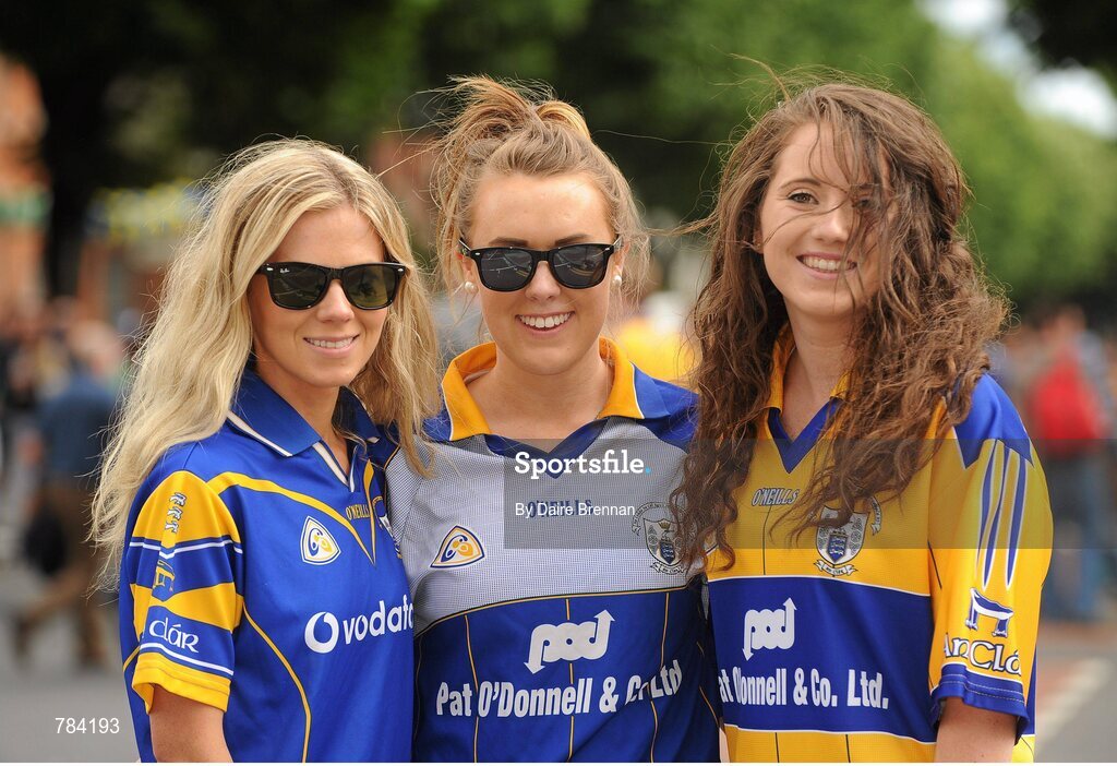 18 August 2013; Clare supporters, left to right, Antoinette Clohessy, Mairead Clohessy, and Aisling Dempsey, from Ennis, Co. Clare. GAA Hurling All-Ireland Senior Championship, Semi-Final, Limerick v Clare, Croke Park, Dublin. Picture credit: Dáire Brennan / SPORTSFILE