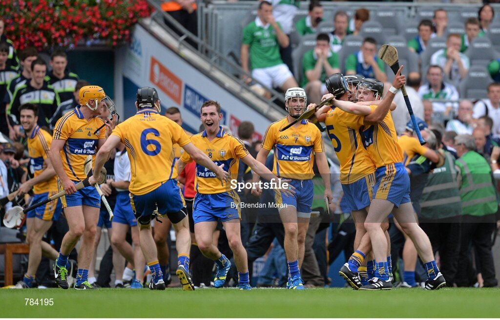 18 August 2013; Clare players, from left, Cian Dillon, Patrick Donnellan, Colm Galvin, Patrick O'Connor, Conor McGrath and Tony Kelly celebrate at the final whistle. GAA Hurling All-Ireland Senior Championship, Semi-Final, Limerick v Clare, Croke Park, Dublin. Picture credit: Brendan Moran / SPORTSFILE