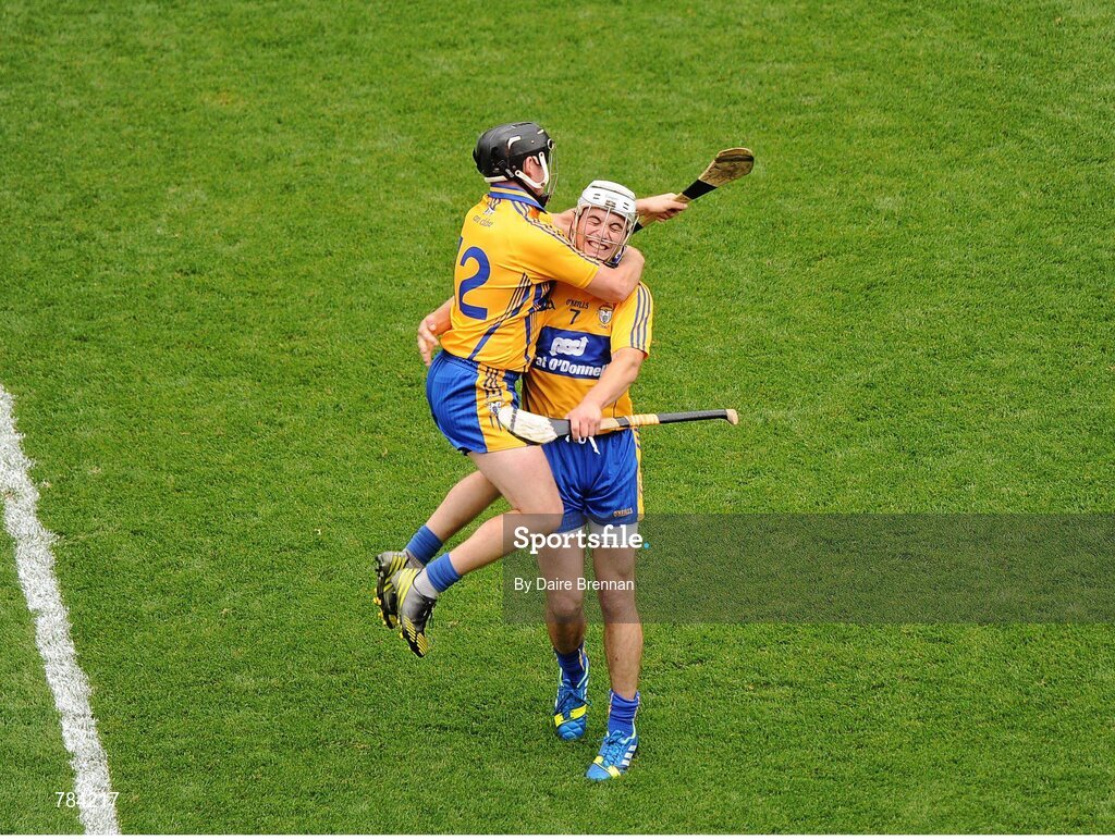 18 August 2013; Clare players Patrick O'Connor, right, and Colin Ryan celebrate at the final whistle. GAA Hurling All-Ireland Senior Championship, Semi-Final, Limerick v Clare, Croke Park, Dublin. Picture credit: Dáire Brennan / SPORTSFILE