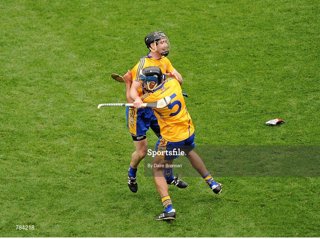 18 August 2013; Clare players Patrick Donnellan, left, and Brendan Bugler celebrate at the final whistle. GAA Hurling All-Ireland Senior Championship, Semi-Final, Limerick v Clare, Croke Park, Dublin. Picture credit: Dáire Brennan / SPORTSFILE