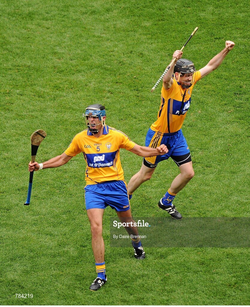 18 August 2013; Clare players Brendan Bugler, left, and Patrick Donnellan celebrate at the final whistle. GAA Hurling All-Ireland Senior Championship, Semi-Final, Limerick v Clare, Croke Park, Dublin. Picture credit: Dáire Brennan / SPORTSFILE