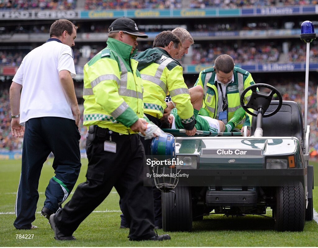 18 August 2013; Seamus Hickey, Limerick, is taken from the field after picking up an injury during the first half. GAA Hurling All-Ireland Senior Championship, Semi-Final, Limerick v Clare, Croke Park, Dublin. Picture credit: Stephen McCarthy / SPORTSFILE