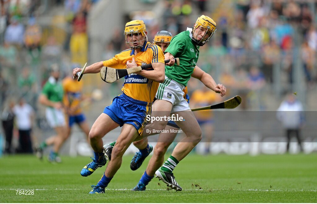 18 August 2013; Colm Galvin, Clare, in action against Paul Browne, Limerick. GAA Hurling All-Ireland Senior Championship, Semi-Final, Limerick v Clare, Croke Park, Dublin. Picture credit: Brendan Moran / SPORTSFILE