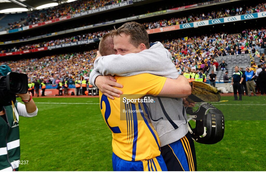 18 August 2013; Clare manager Davy Fitzgerald celebrates with Colin Ryan after the game. GAA Hurling All-Ireland Senior Championship, Semi-Final, Limerick v Clare, Croke Park, Dublin. Photo by Sportsfile