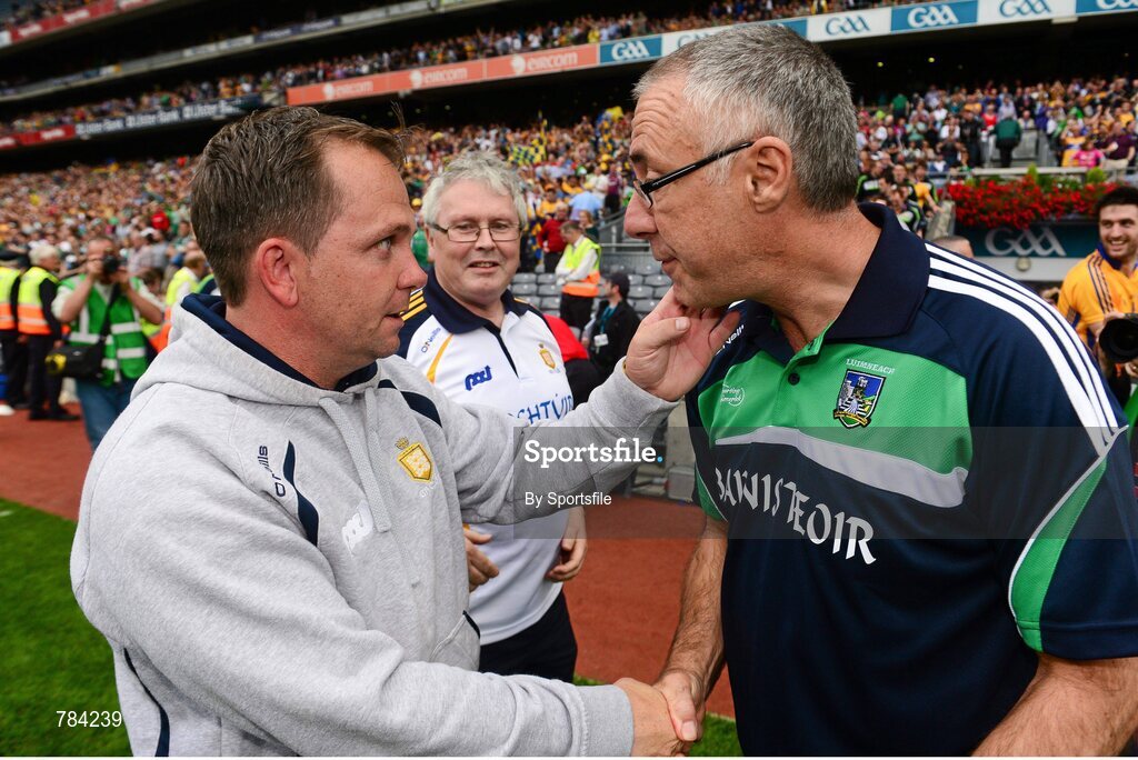 18 August 2013; Clare manager Davy Fitzgerald and Limerick manager John Allen after the game. GAA Hurling All-Ireland Senior Championship, Semi-Final, Limerick v Clare, Croke Park, Dublin. Photo by Sportsfile