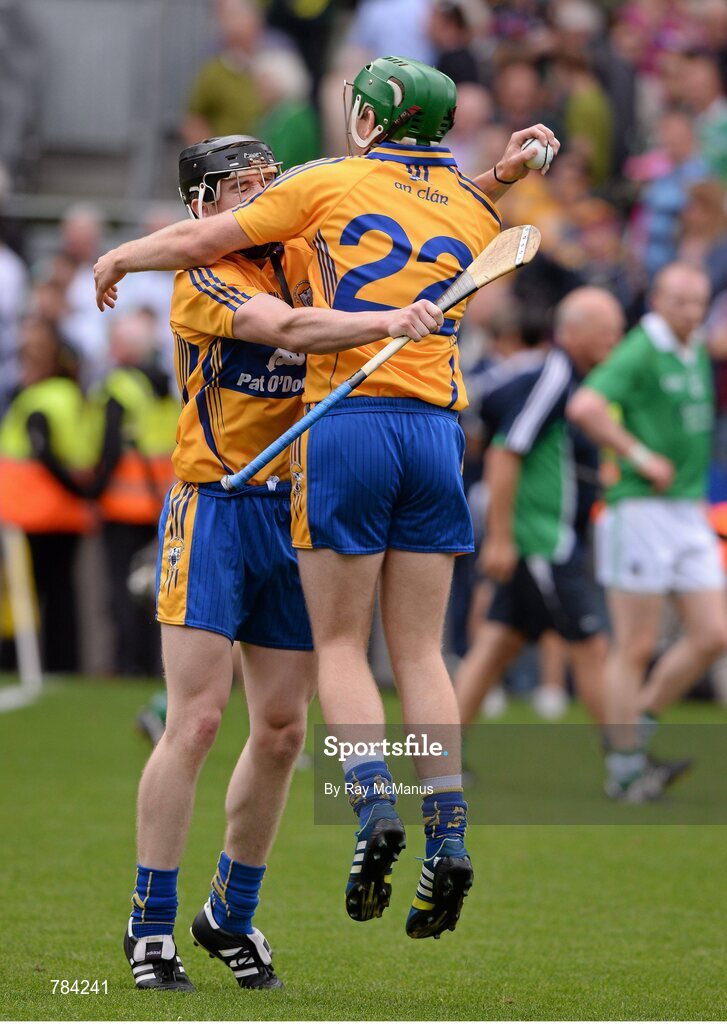 18 August 2013; Clare players Tony Kelly and Cathal McInerney celebrate after the game. GAA Hurling All-Ireland Senior Championship, Semi-Final, Limerick v Clare, Croke Park, Dublin. Picture credit: Ray McManus / SPORTSFILE
