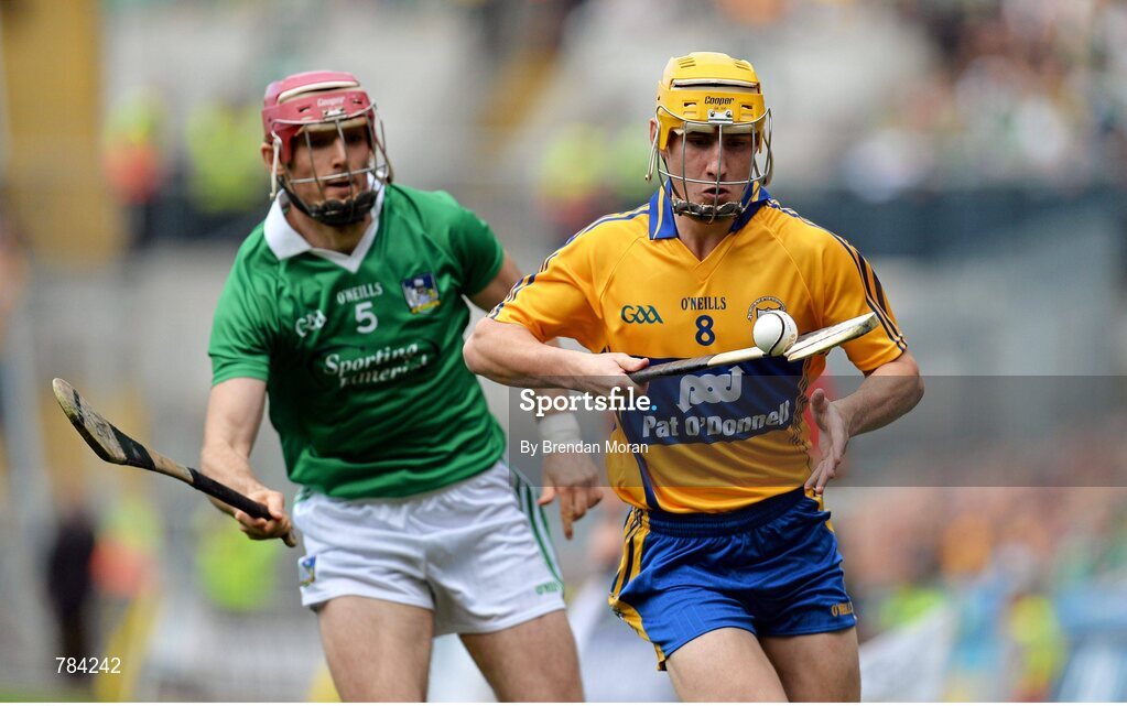 18 August 2013; Colm Galvin, Clare, in action against Paudie O'Brien, Limerick. GAA Hurling All-Ireland Senior Championship, Semi-Final, Limerick v Clare, Croke Park, Dublin. Picture credit: Brendan Moran / SPORTSFILE