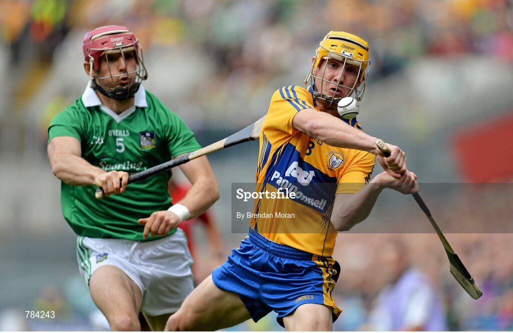18 August 2013; Colm Galvin, Clare, in action against Paudie O'Brien, Limerick. GAA Hurling All-Ireland Senior Championship, Semi-Final, Limerick v Clare, Croke Park, Dublin. Picture credit: Brendan Moran / SPORTSFILE