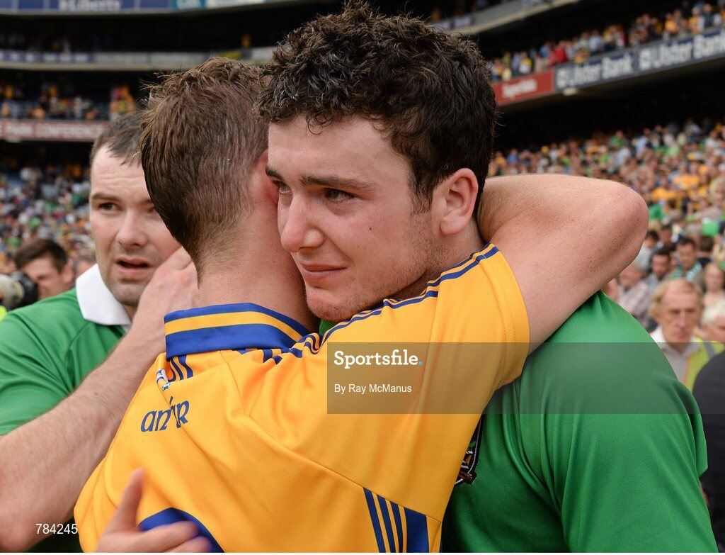 18 August 2013; Declan Hannon, Limerick, is comforted by Colm Gavin, Clare, after the game. GAA Hurling All-Ireland Senior Championship, Semi-Final, Limerick v Clare, Croke Park, Dublin. Picture credit: Ray McManus / SPORTSFILE