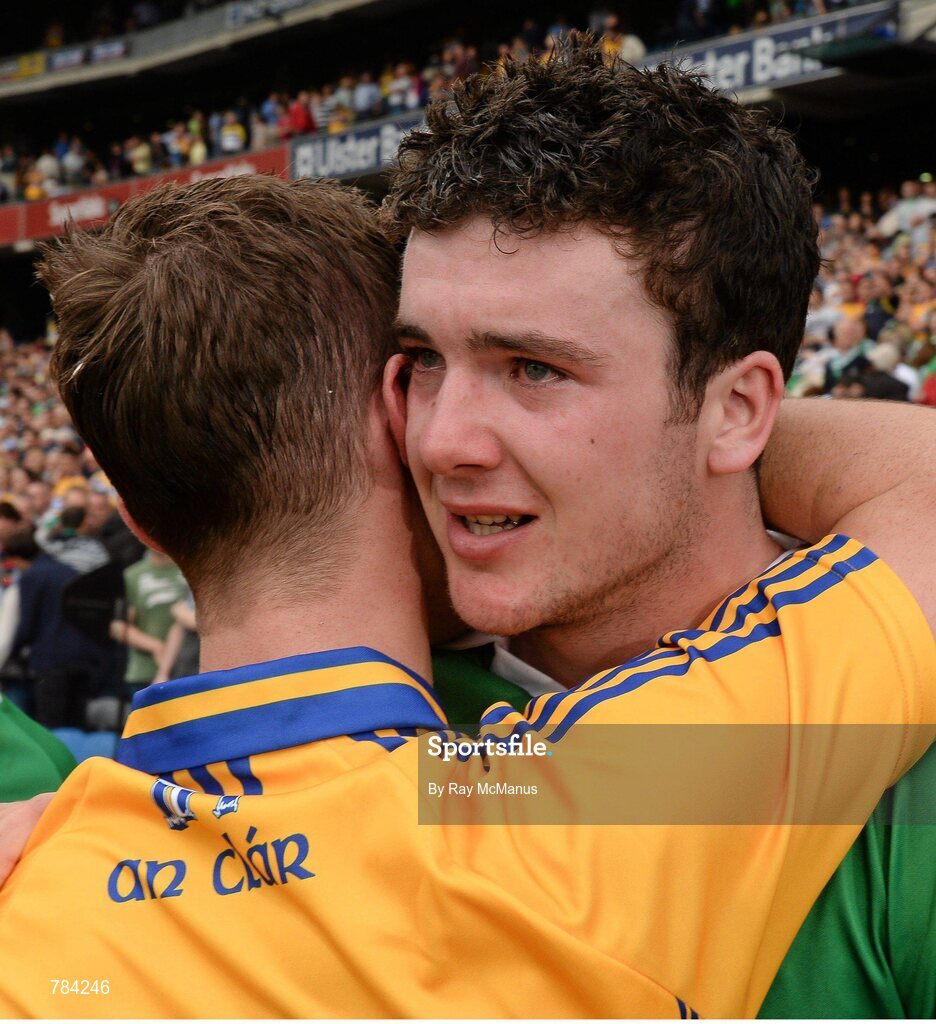 18 August 2013; Declan Hannon, Limerick, is comforted by Colm Gavin, Clare, after the game. GAA Hurling All-Ireland Senior Championship, Semi-Final, Limerick v Clare, Croke Park, Dublin. Picture credit: Ray McManus / SPORTSFILE