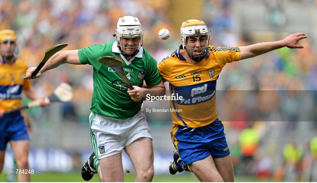 18 August 2013; Conor McGrath, Clare, in action against Tom Condon, Limerick. GAA Hurling All-Ireland Senior Championship, Semi-Final, Limerick v Clare, Croke Park, Dublin. Picture credit: Brendan Moran / SPORTSFILE