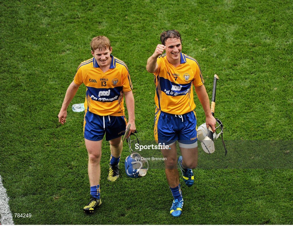 18 August 2013; Pádraic Collins, left, and Patrick O'Connor, Clare, celebrate after the game. GAA Hurling All-Ireland Senior Championship, Semi-Final, Limerick v Clare, Croke Park, Dublin. Picture credit: Dáire Brennan / SPORTSFILE