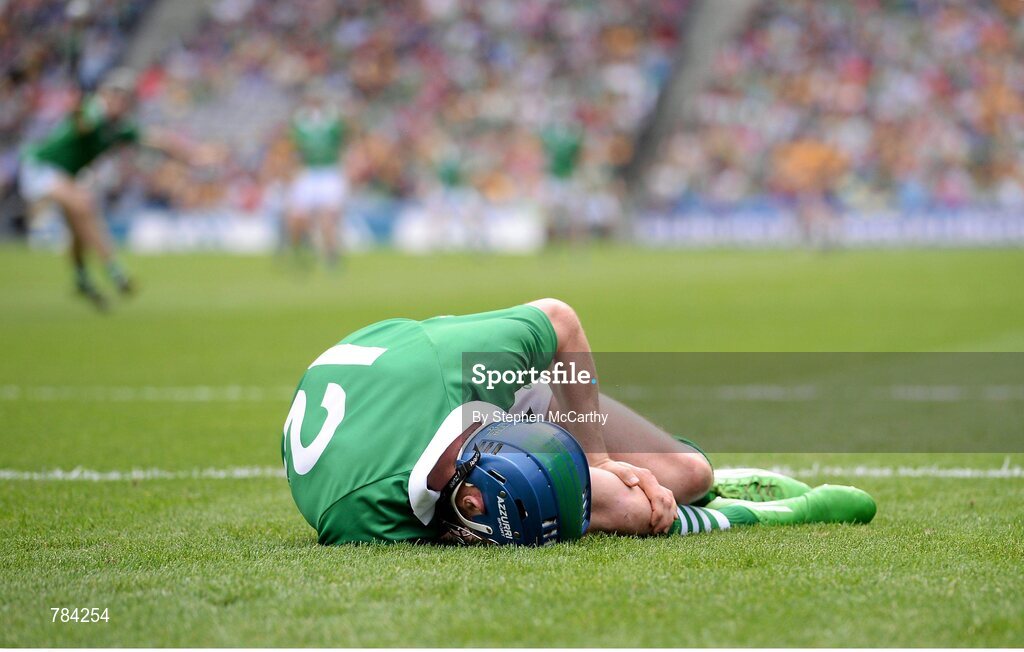18 August 2013; Seamus Hickey, Limerick, after picking up an injury during the first half. GAA Hurling All-Ireland Senior Championship, Semi-Final, Limerick v Clare, Croke Park, Dublin. Picture credit: Stephen McCarthy / SPORTSFILE
