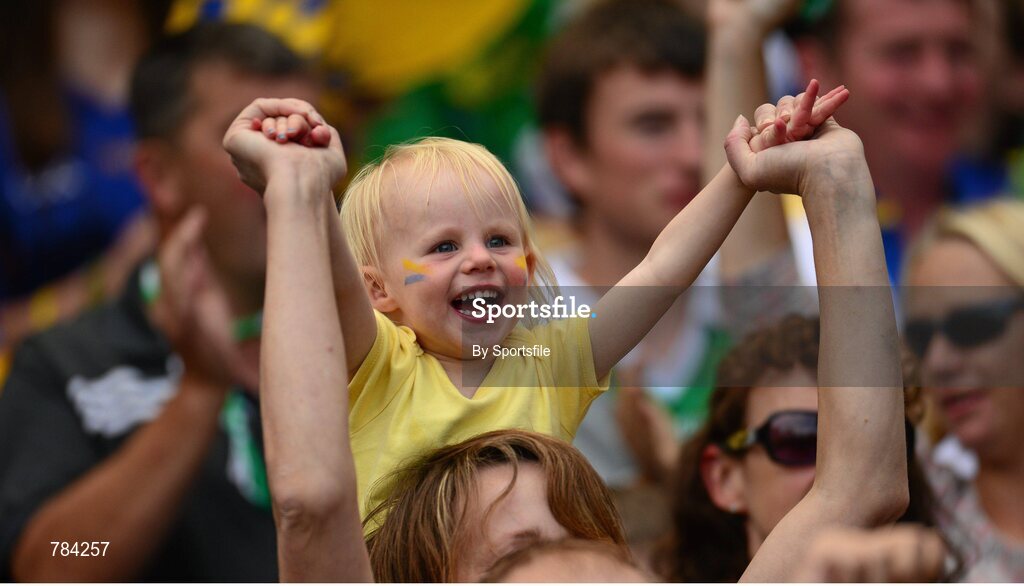 18 August 2013; Two year old Clare fan Saoirse Hughes from Sixmilebridge, Co. Clare, celebrates during the game. GAA Hurling All-Ireland Senior Championship, Semi-Final, Limerick v Clare, Croke Park, Dublin. Photo by Sportsfile