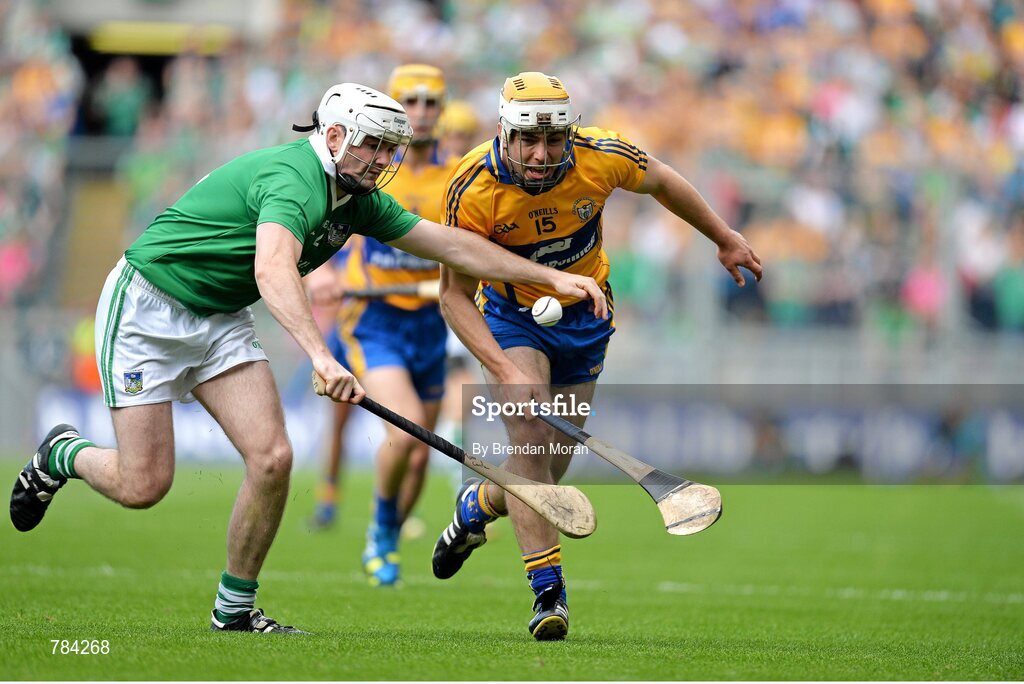 18 August 2013; Conor McGrath, Clare, in action against Tom Condon, Limerick. GAA Hurling All-Ireland Senior Championship, Semi-Final, Limerick v Clare, Croke Park, Dublin. Picture credit: Brendan Moran / SPORTSFILE