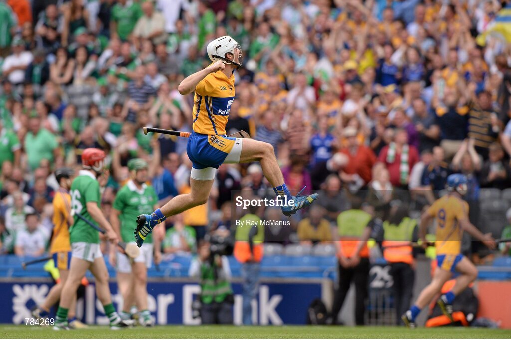 18 August 2013; Clare's Patrick O'Connor jumps for joy after the game. GAA Hurling All-Ireland Senior Championship, Semi-Final, Limerick v Clare, Croke Park, Dublin. Picture credit: Ray McManus / SPORTSFILE