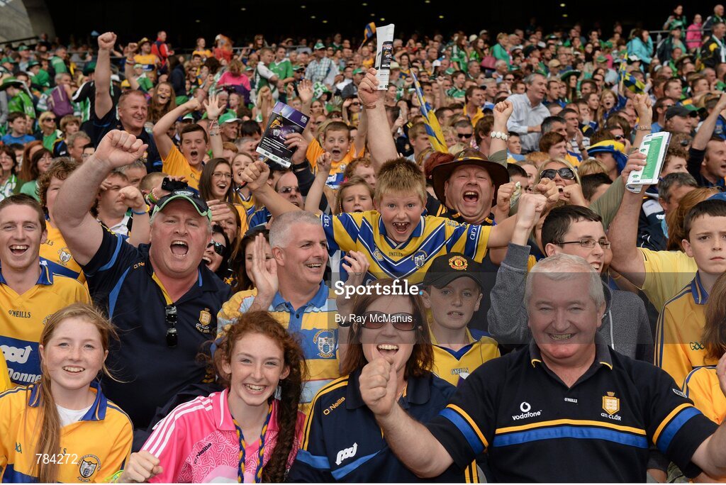 18 August 2013; Clare supporters, in the Cusack Stand, celebrate near the end of the game. GAA Hurling All-Ireland Senior Championship, Semi-Final, Limerick v Clare, Croke Park, Dublin. Picture credit: Ray McManus / SPORTSFILE