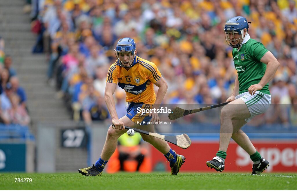 18 August 2013; Pádraic Collins, Clare, in action against Richie McCarthy, Limerick. GAA Hurling All-Ireland Senior Championship, Semi-Final, Limerick v Clare, Croke Park, Dublin. Picture credit: Brendan Moran / SPORTSFILE