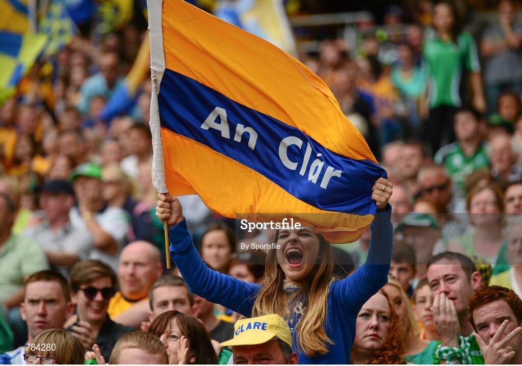 18 August 2013; A Clare fan celebrates during the game. GAA Hurling All-Ireland Senior Championship, Semi-Final, Limerick v Clare, Croke Park, Dublin. Photo by Sportsfile