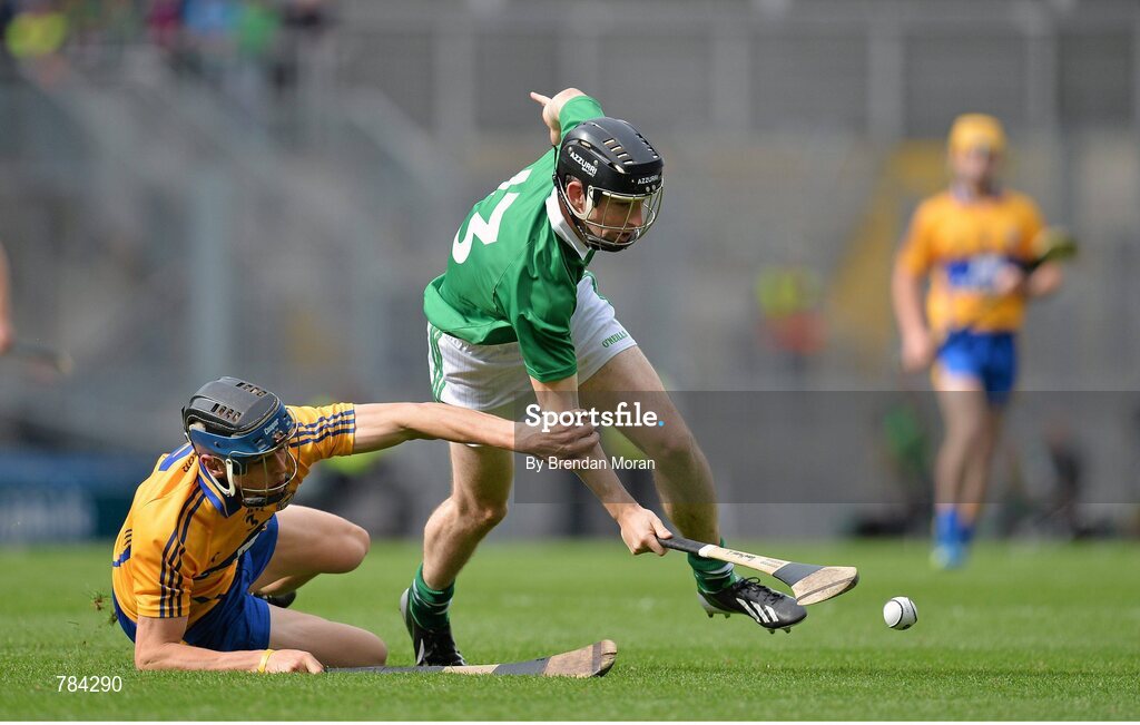 18 August 2013; Graeme Mulcahy, Limerick, is tackled by David McInerney, Clare. GAA Hurling All-Ireland Senior Championship, Semi-Final, Limerick v Clare, Croke Park, Dublin. Picture credit: Brendan Moran / SPORTSFILE