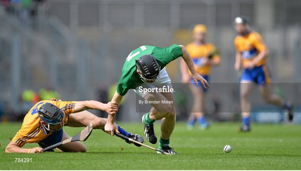18 August 2013; Graeme Mulcahy, Limerick, is tackled by David McInerney, Clare. GAA Hurling All-Ireland Senior Championship, Semi-Final, Limerick v Clare, Croke Park, Dublin. Picture credit: Brendan Moran / SPORTSFILE