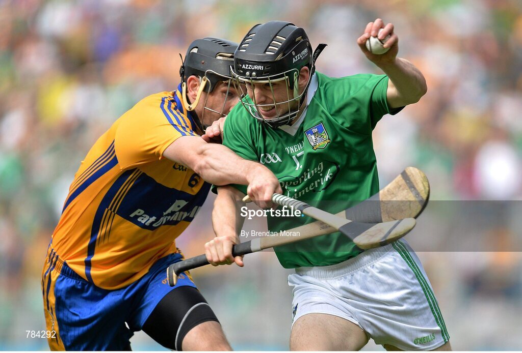 18 August 2013; Graeme Mulcahy, Limerick, in action against Patrick Donnellan, Clare. GAA Hurling All-Ireland Senior Championship, Semi-Final, Limerick v Clare, Croke Park, Dublin. Picture credit: Brendan Moran / SPORTSFILE
