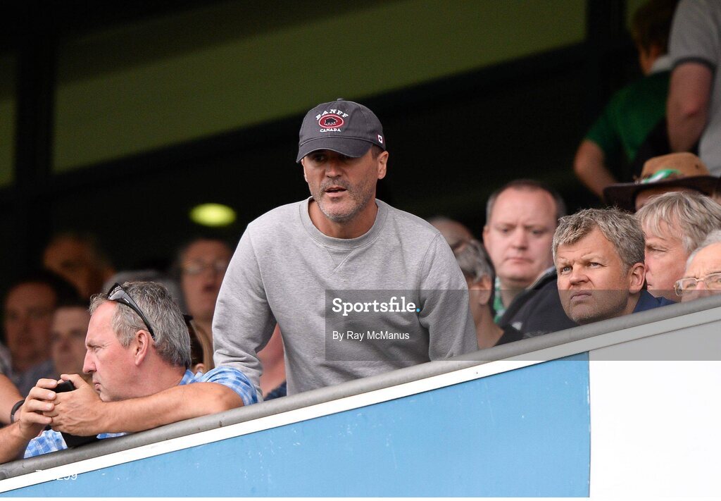 18 August 2013; Former Republic of Ireland captain Roy Keane and TV presenter Adrian Chiles, right, take to their seats in the Hogan Stand for the second half of the game. GAA Hurling All-Ireland Senior Championship, Semi-Final, Limerick v Clare, Croke Park, Dublin. Picture credit: Ray McManus / SPORTSFILE