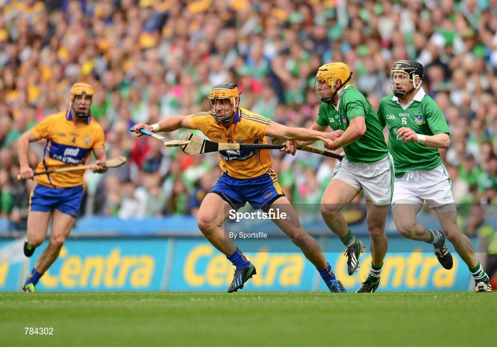 18 August 2013; John Conlon, Clare, in action against Paul Browne, Limerick. GAA Hurling All-Ireland Senior Championship, Semi-Final, Limerick v Clare, Croke Park, Dublin. Photo by Sportsfile