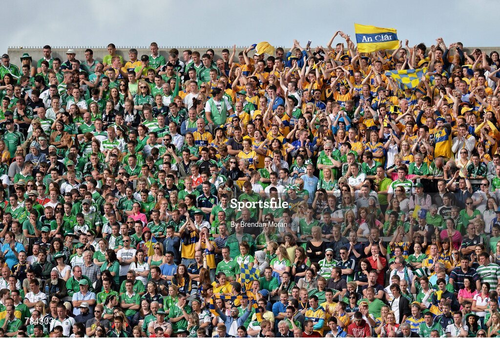 18 August 2013; Clare supporters cheer on their side after a point as Limerick supporters look dispondant. GAA Hurling All-Ireland Senior Championship, Semi-Final, Limerick v Clare, Croke Park, Dublin. Picture credit: Brendan Moran / SPORTSFILE