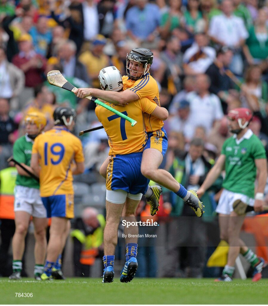 18 August 2013; Patrick O'Connor, 7, and Colin Ryan, Clare, celebrate at the final whistle. GAA Hurling All-Ireland Senior Championship, Semi-Final, Limerick v Clare, Croke Park, Dublin. Picture credit: Brendan Moran / SPORTSFILE