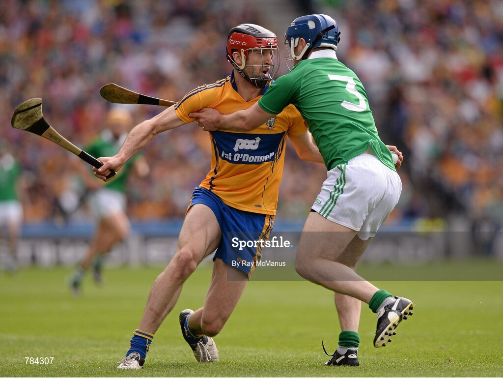 18 August 2013; Darach Honan, Clare, in action against Richie McCarthy, Limerick. GAA Hurling All-Ireland Senior Championship, Semi-Final, Limerick v Clare, Croke Park, Dublin. Picture credit: Ray McManus / SPORTSFILE