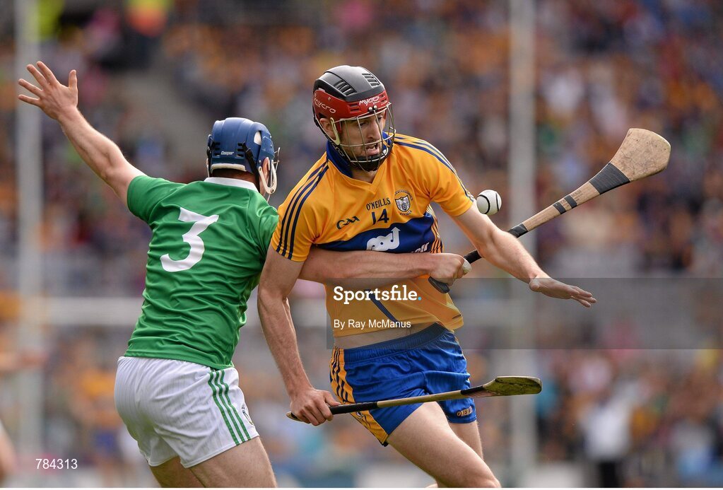 18 August 2013; Darach Honan, Clare, in action against Richie McCarthy, Limerick. GAA Hurling All-Ireland Senior Championship, Semi-Final, Limerick v Clare, Croke Park, Dublin. Picture credit: Ray McManus / SPORTSFILE