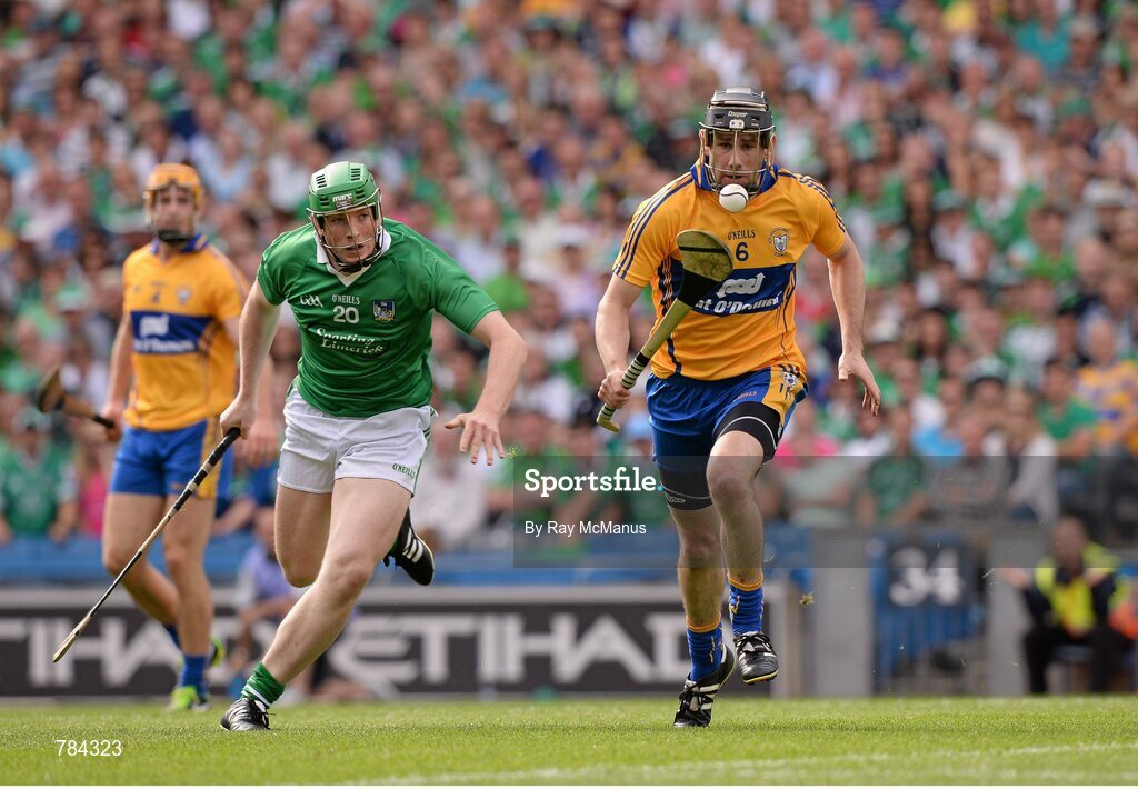 18 August 2013; Patrick Donnellan, Clare, in action against Shane Dowling, Limerick. GAA Hurling All-Ireland Senior Championship, Semi-Final, Limerick v Clare, Croke Park, Dublin. Picture credit: Ray McManus / SPORTSFILE