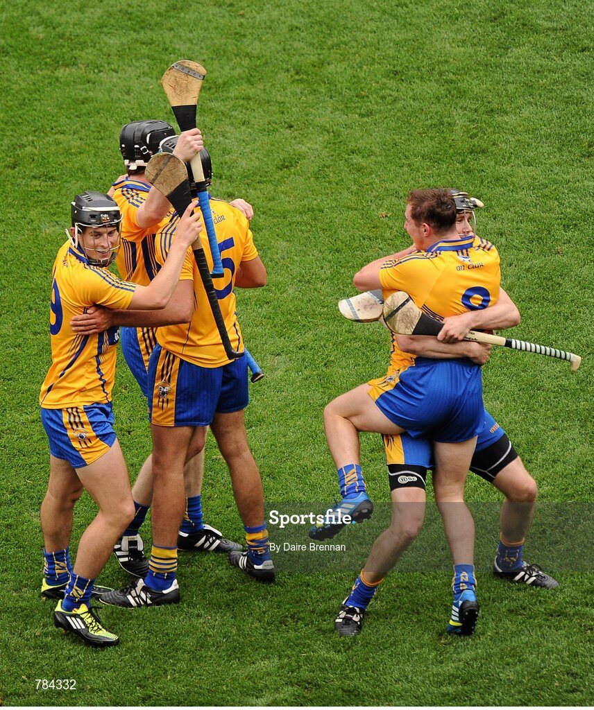 18 August 2013; Clare players, from left, Nicky O'Connell, Tony Kelly, Brendan Bugler, Colm Galvin and Patrick Donnellan celebrate after the game. GAA Hurling All-Ireland Senior Championship, Semi-Final, Limerick v Clare, Croke Park, Dublin. Picture credit: Dáire Brennan / SPORTSFILE