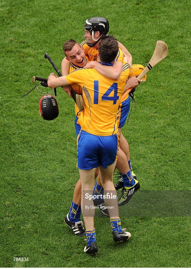 18 August 2013; Clare players, from left, Peter Duggan, Darach Honan and Nickey O'Connell celebrate after the game. GAA Hurling All-Ireland Senior Championship, Semi-Final, Limerick v Clare, Croke Park, Dublin. Picture credit: Dáire Brennan / SPORTSFILE
