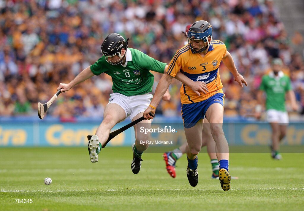 18 August 2013; Graeme Mulcahy, Limerick, in action against David McInerney, Clare. GAA Hurling All-Ireland Senior Championship, Semi-Final, Limerick v Clare, Croke Park, Dublin. Picture credit: Ray McManus / SPORTSFILE