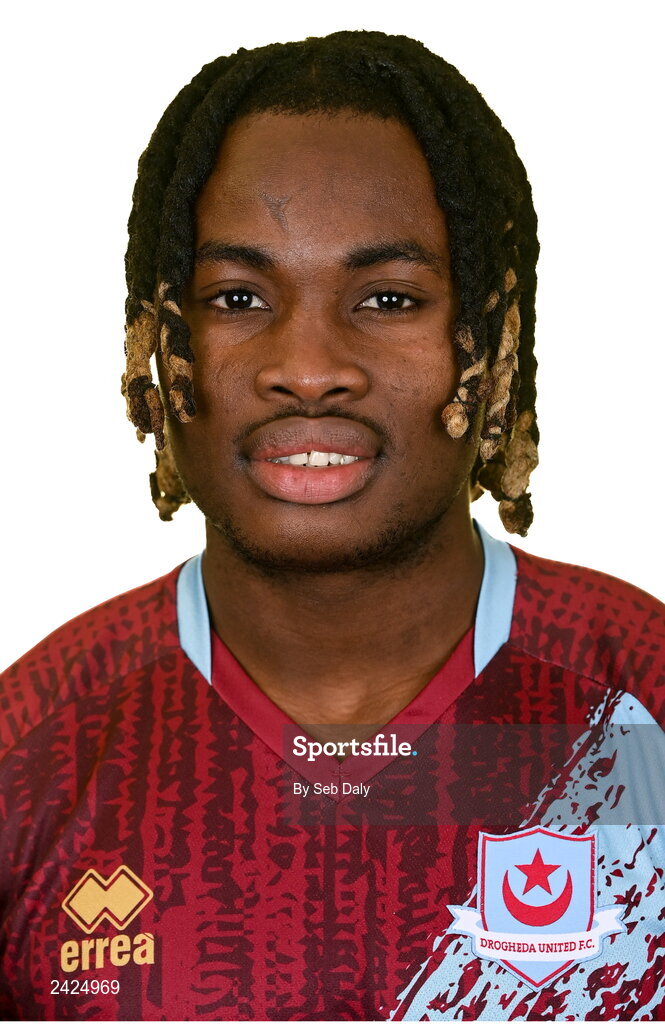 6 February 2023; Victor Arong stands for a portrait during a Drogheda United squad portrait session at Weaver's Park in Drogheda, Louth. Photo by Seb Daly/Sportsfile