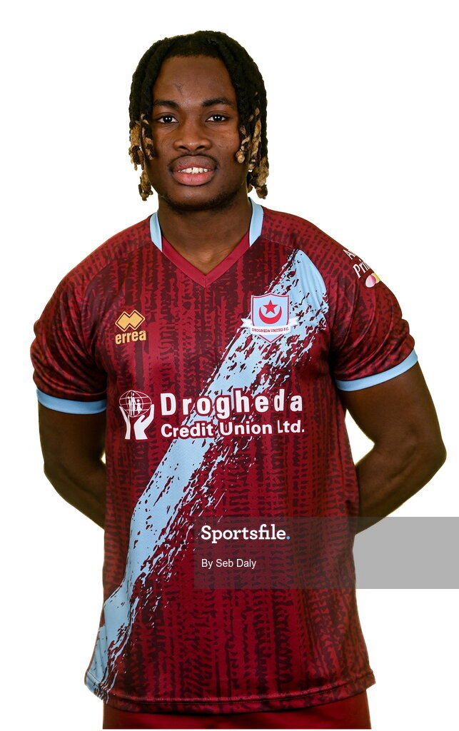 6 February 2023; Victor Arong stands for a portrait during a Drogheda United squad portrait session at Weaver's Park in Drogheda, Louth. Photo by Seb Daly/Sportsfile