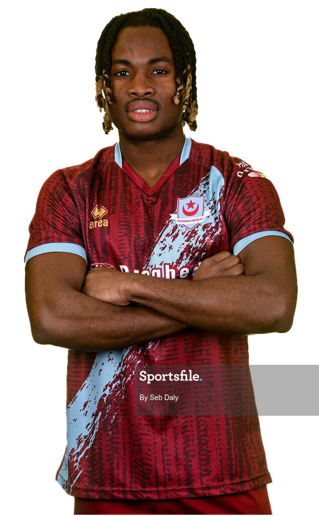 6 February 2023; Victor Arong stands for a portrait during a Drogheda United squad portrait session at Weaver's Park in Drogheda, Louth. Photo by Seb Daly/Sportsfile