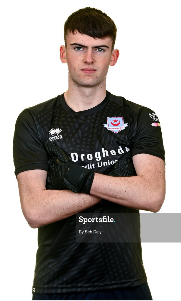 6 February 2023; Goalkeeper Andrew Wogan stands for a portrait during a Drogheda United squad portrait session at Weaver's Park in Drogheda, Louth. Photo by Seb Daly/Sportsfile