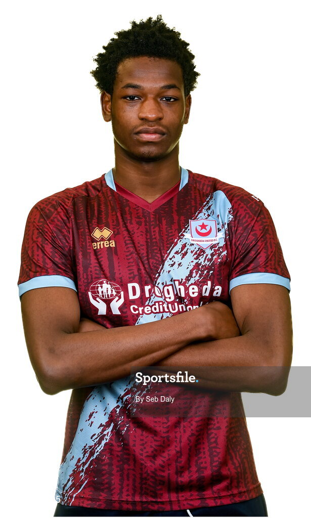 6 February 2023; Elicha Ahui stands for a portrait during a Drogheda United squad portrait session at Weaver's Park in Drogheda, Louth. Photo by Seb Daly/Sportsfile