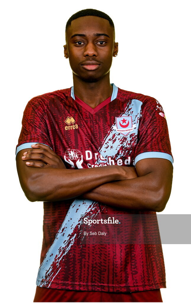 6 February 2023; Emmanuel Adegboyega stands for a portrait during a Drogheda United squad portrait session at Weaver's Park in Drogheda, Louth. Photo by Seb Daly/Sportsfile