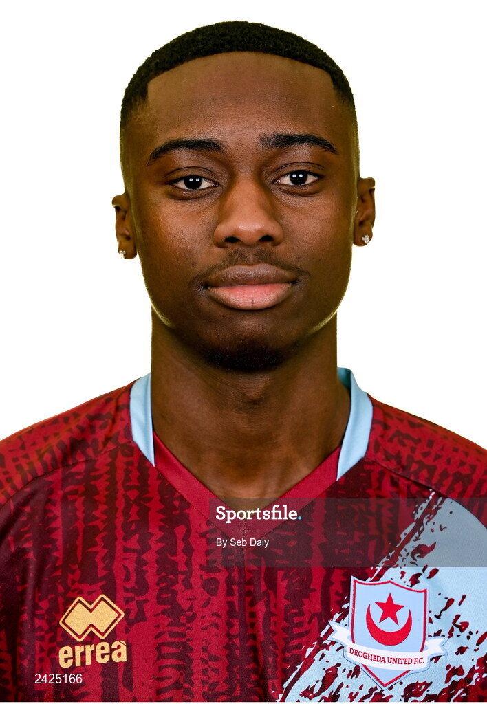 6 February 2023; Emmanuel Adegboyega stands for a portrait during a Drogheda United squad portrait session at Weaver's Park in Drogheda, Louth. Photo by Seb Daly/Sportsfile