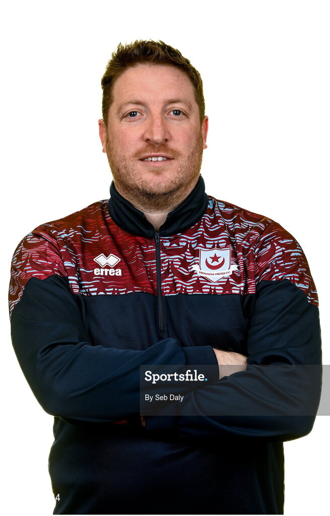 6 February 2023; Coach Philly Hughes stands for a portrait during a Drogheda United squad portrait session at Weaver's Park in Drogheda, Louth. Photo by Seb Daly/Sportsfile