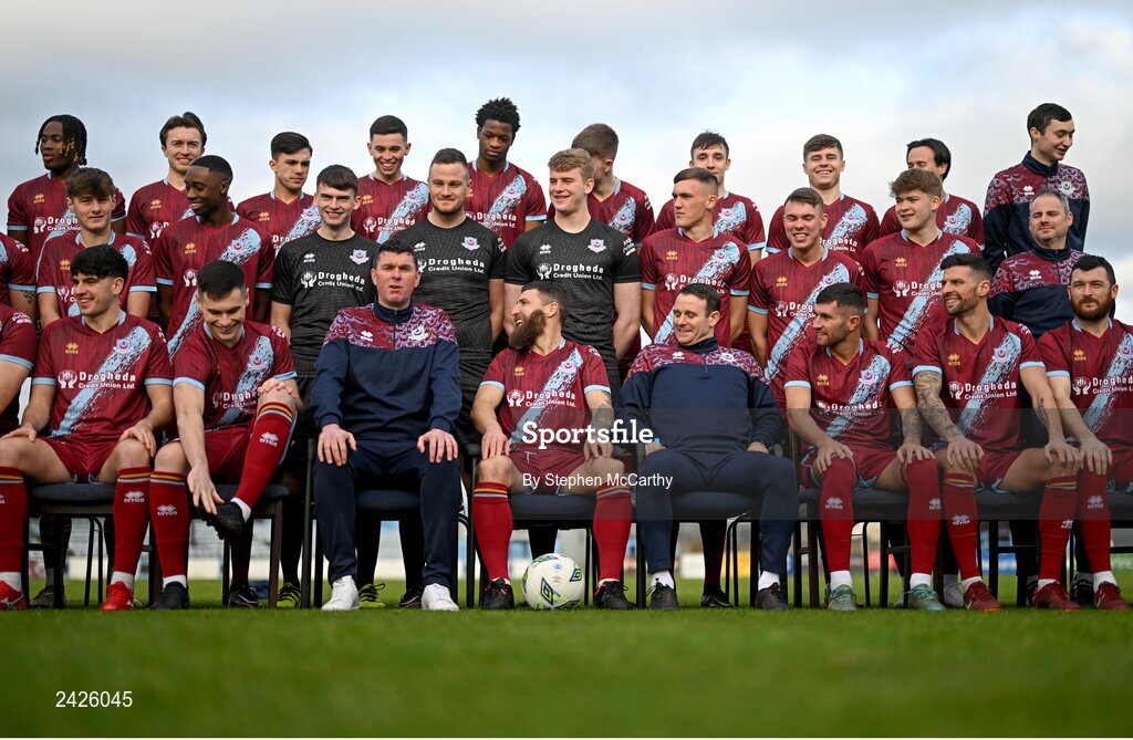 6 February 2023; Drogheda United players and staff prepare for a squad photograph during a Drogheda United squad portrait session at Weaver's Park in Drogheda, Louth. Photo by Stephen McCarthy/Sportsfile