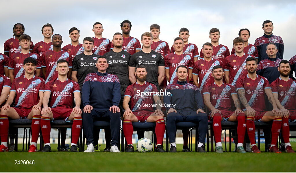 6 February 2023; Drogheda United players and staff pose for a squad photograph during a Drogheda United squad portrait session at Weaver's Park in Drogheda, Louth. Photo by Stephen McCarthy/Sportsfile