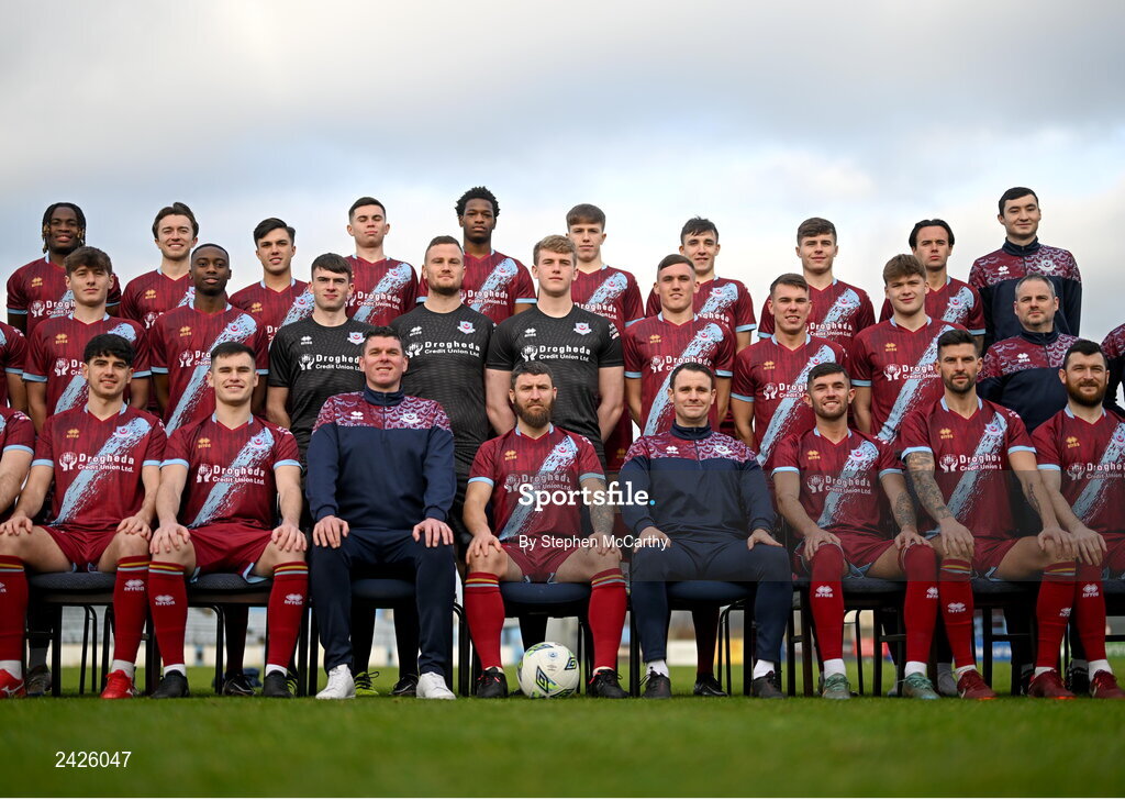 6 February 2023; Drogheda United players and staff pose for a squad photograph during a Drogheda United squad portrait session at Weaver's Park in Drogheda, Louth. Photo by Stephen McCarthy/Sportsfile
